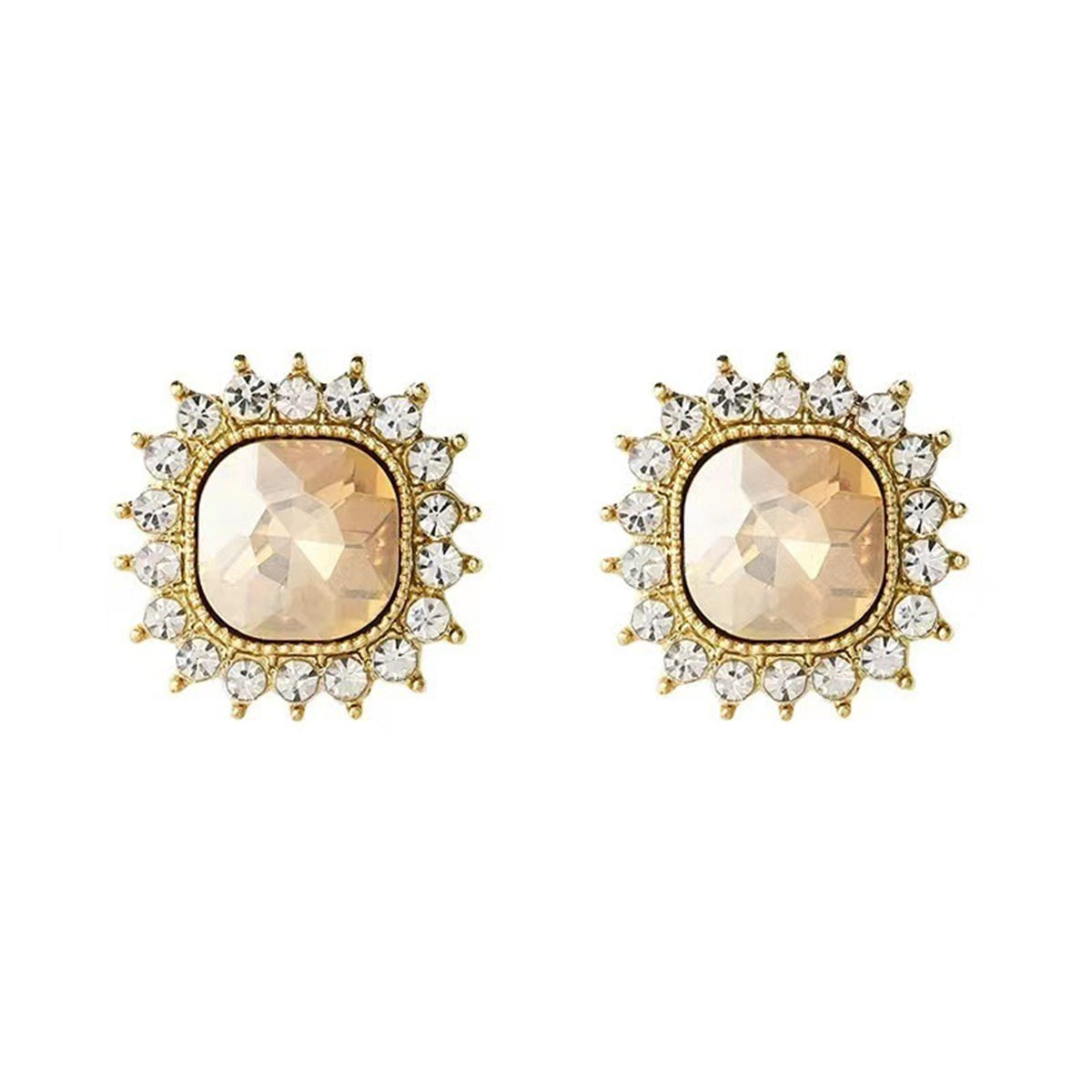 Champagne Crystal & 18K Gold-Plated Square Halo Stud Earrings