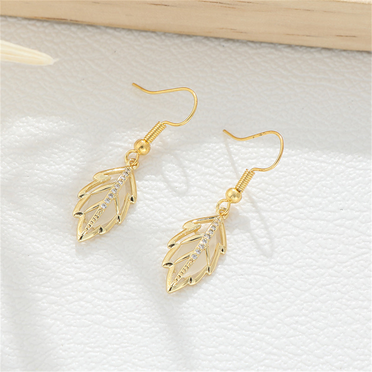 White Cat-Eye & Cubic Zirconia Openwork Pavé Leaf Drop Earrings