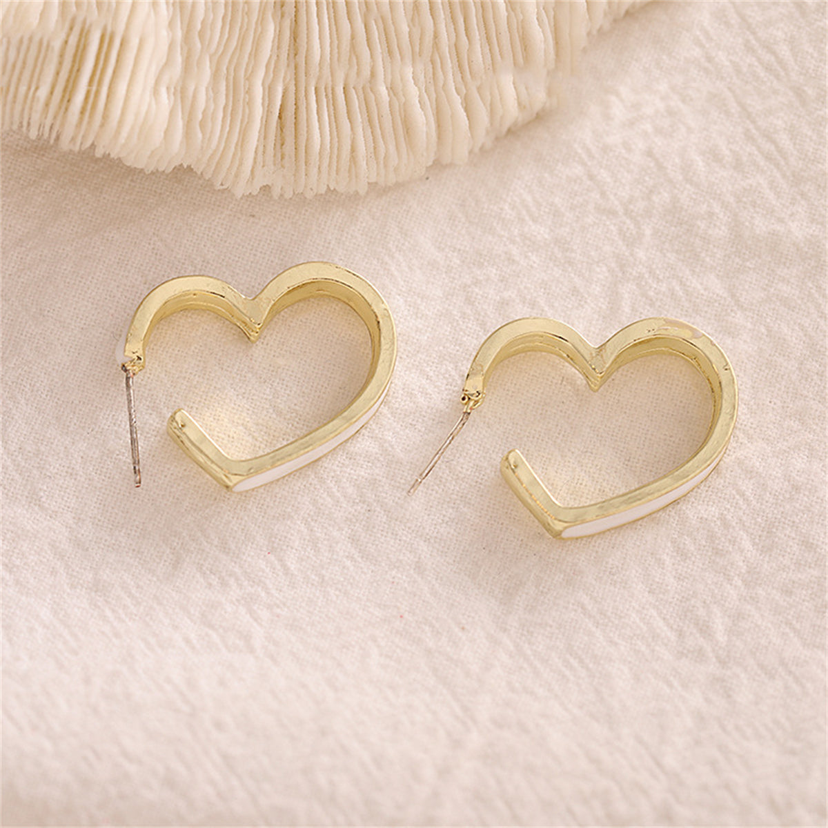 White Enamel & 18K Gold-Plated Heart Huggie Earrings