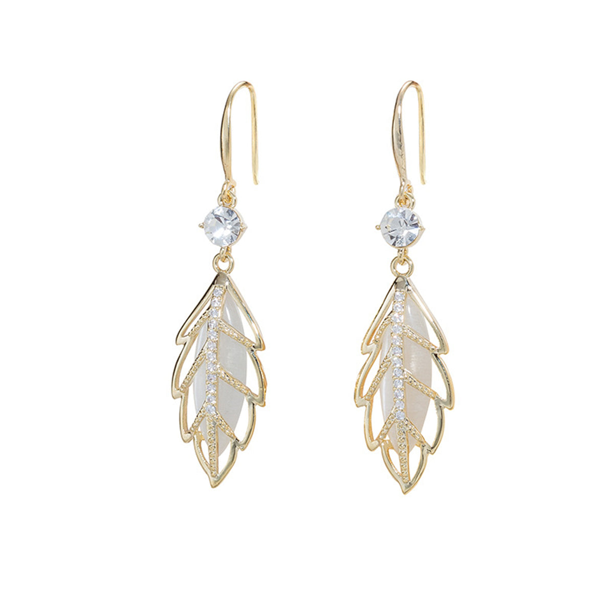 White Cat-Eye & Cubic Zirconia Openwork Pavé Leaf Drop Earrings