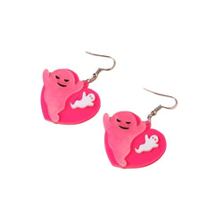 Pink & Silver-Plated Ghost Heart Drop Earrings