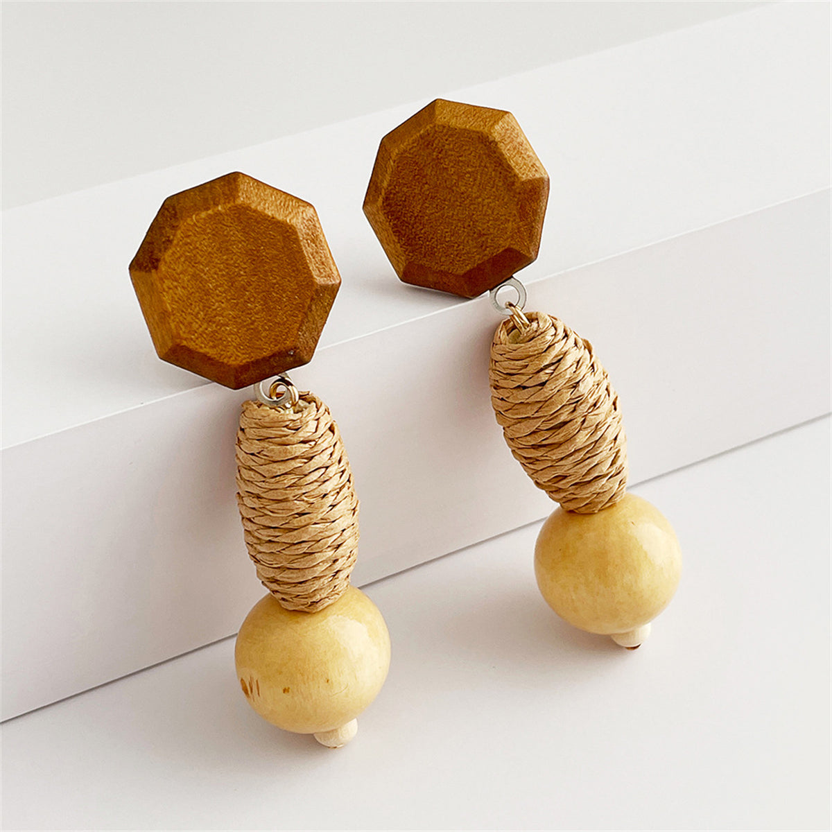 Wood & Rattan Geometric Tiered Drop Earrings