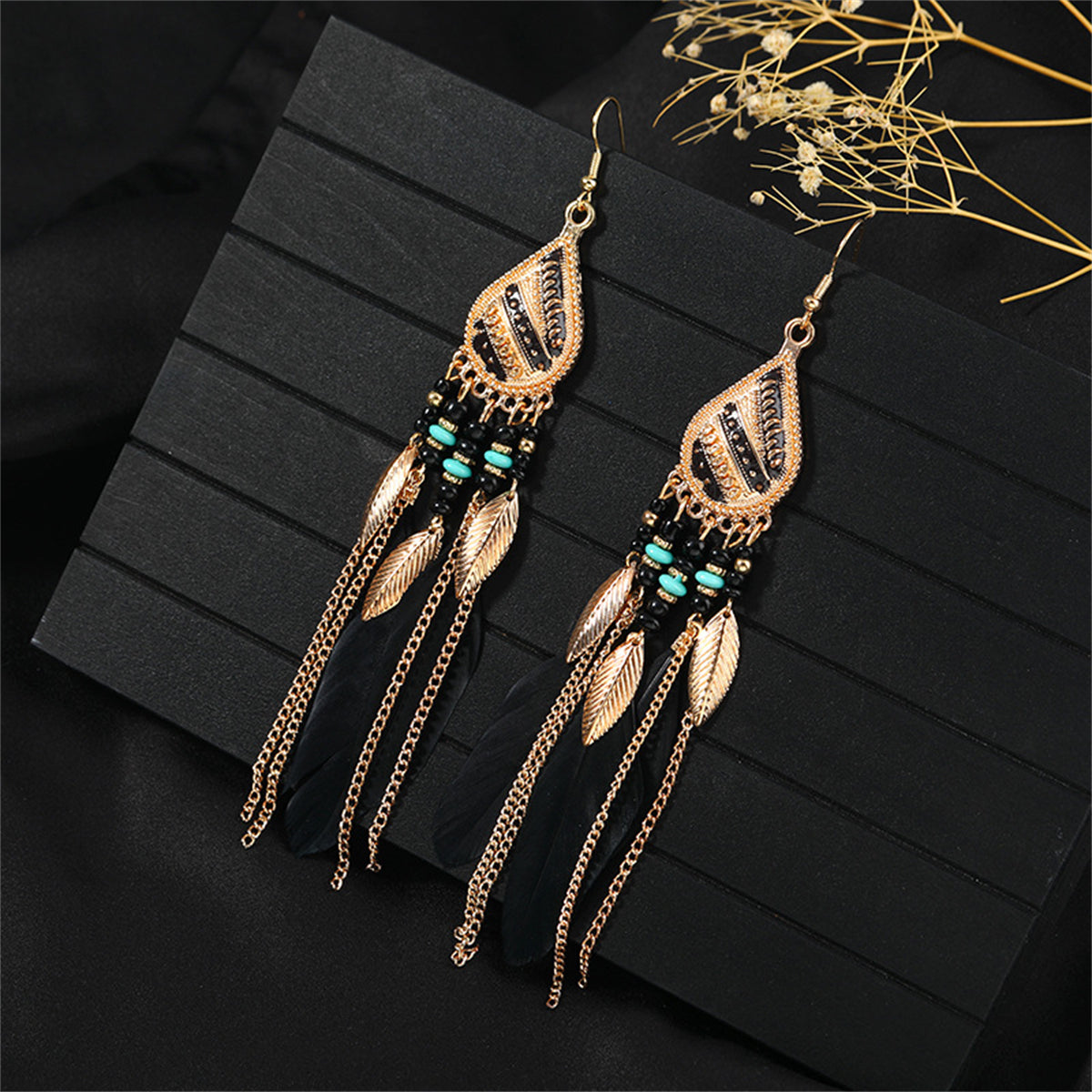 Black Feather & 18K Gold-Plated Feather Drop Earrings