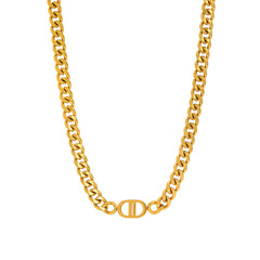 Fashionable 18K gold-plated Cuban chain necklace with a distinctive oval pendant displaying a bold 'D' charm.