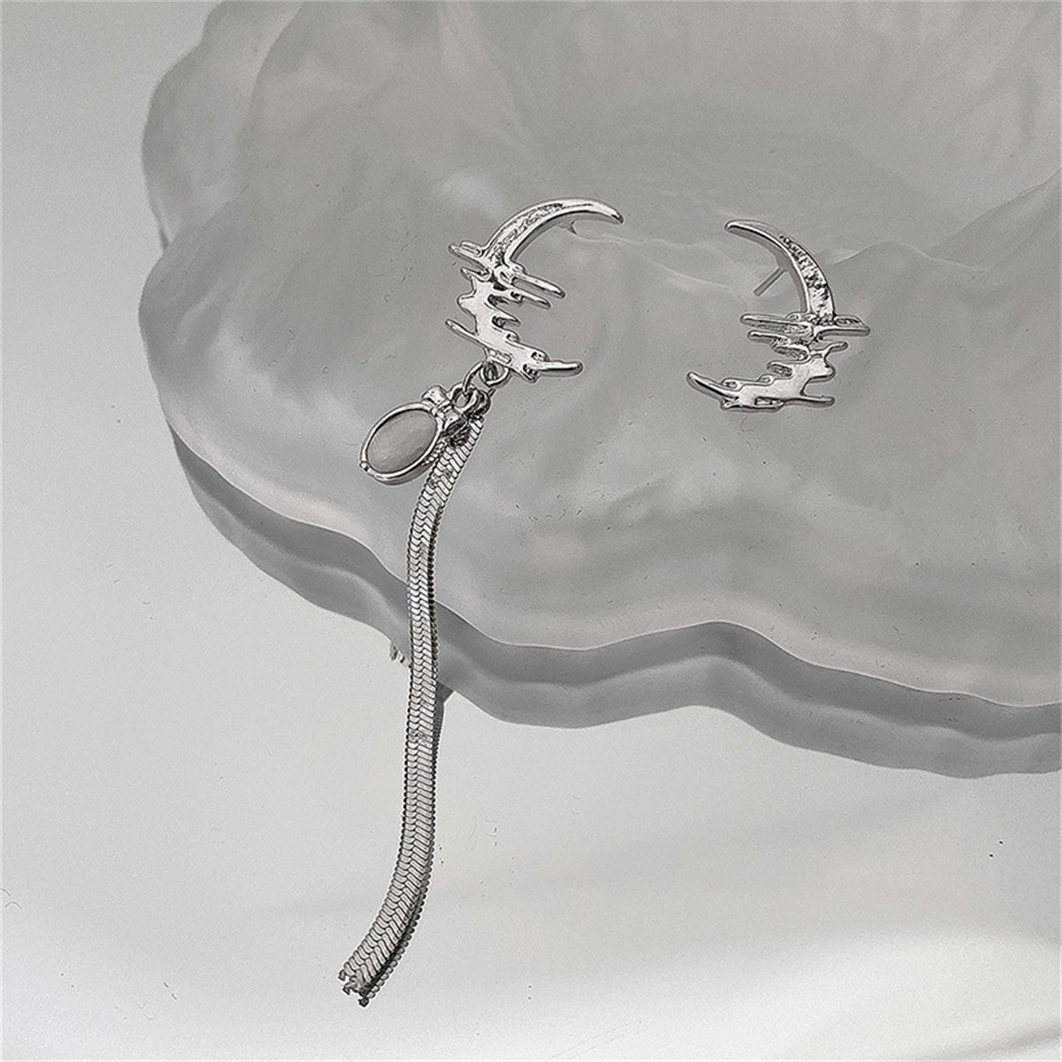 Quartz & Silver-Plated Moon Above Sea Asymmetric Earrings