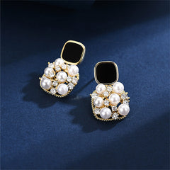 Black Enamel & Pearl Cubic Zirconia-Accent Cushion Drop Earrings