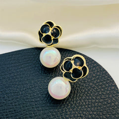 White Pearl & Black Enamel 18K Gold-Plated Flower Drop Earrings