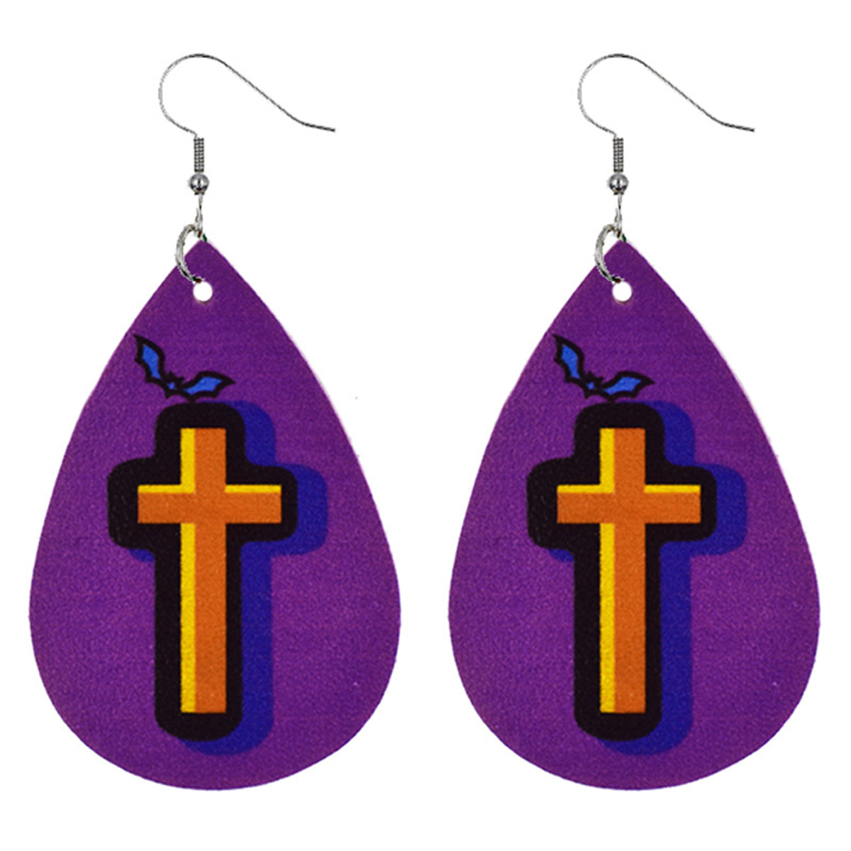 Purple & Orange Cross & Bat Teardrop Drop Earrings