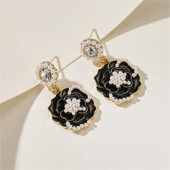 Pearl & Black Enamel 18K Gold-Plated Camellia Drop Earrings