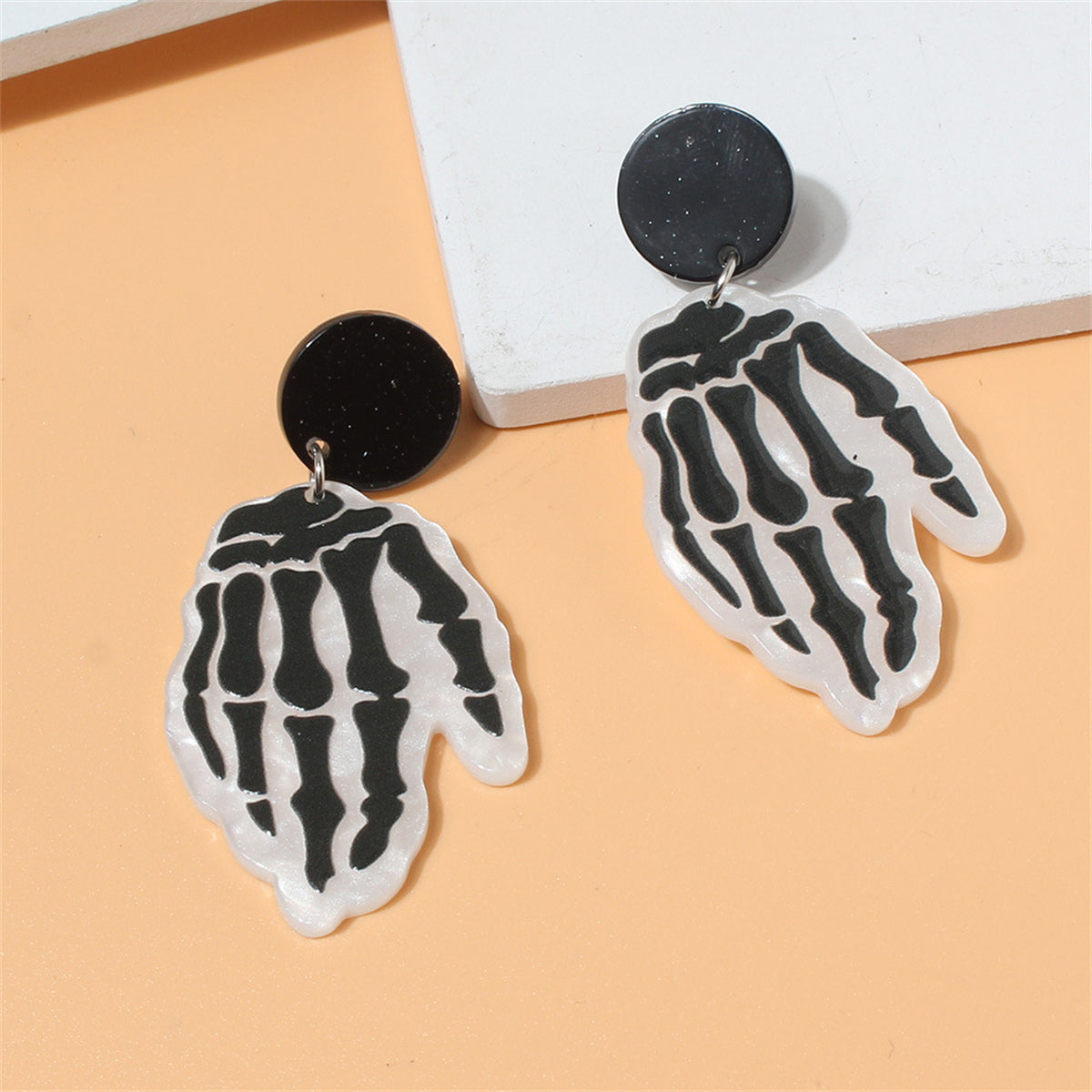 Black Acrylic & Silver-Plated Skeleton Hands Drop Earrings