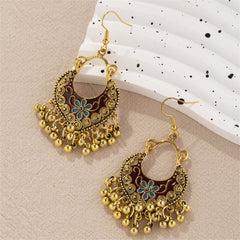 Black Enamel & 18K Gold Plated Ball-Detail Flower Drop Earrings