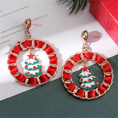 Red Enamel & Polyster 18K Gold-Plated Christmas Tree Curb Chain Circle Drop Earrings