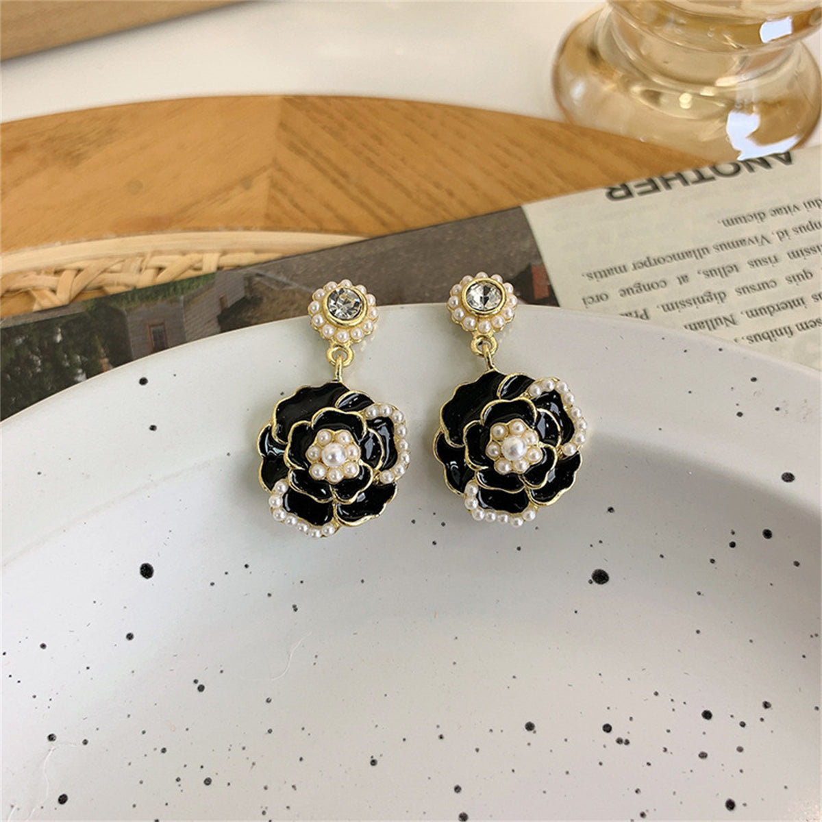 Pearl & Black Enamel 18K Gold-Plated Camellia Drop Earrings