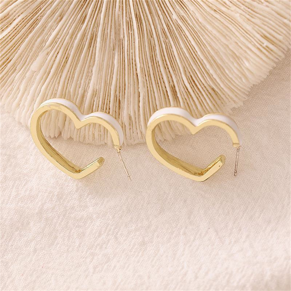 White Enamel & 18K Gold-Plated Heart Huggie Earrings