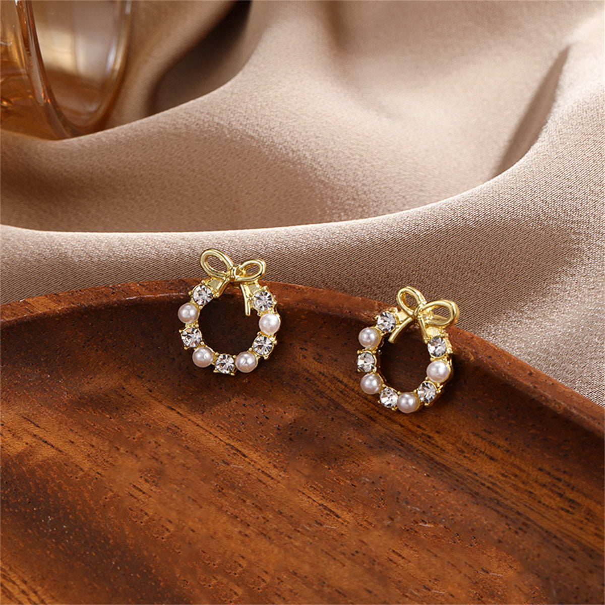 Pearl & Cubic Zirconia Bow Wreath Stud Earrings