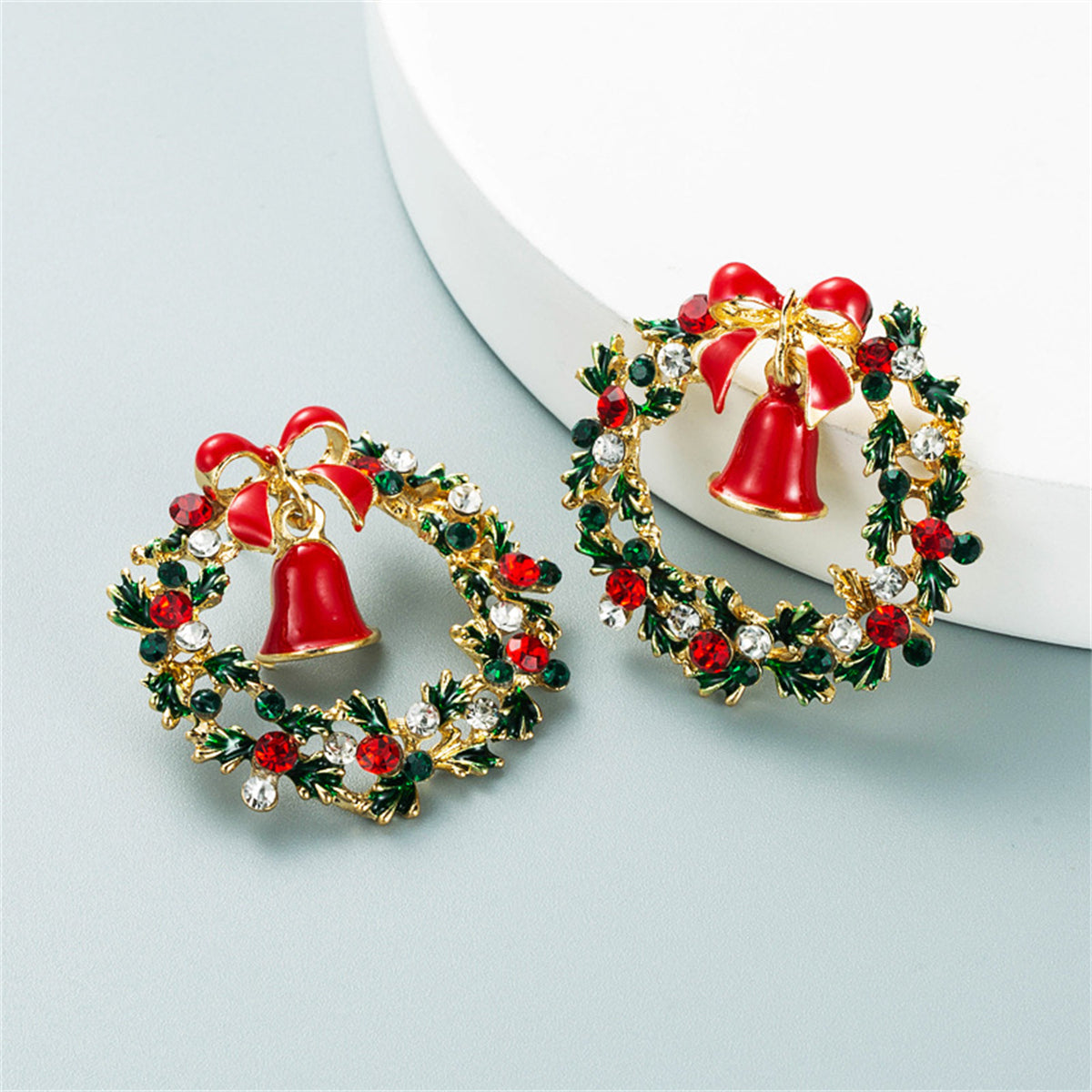 Green & Red Cubic Zirconia Bell Wreath Stud Earrings