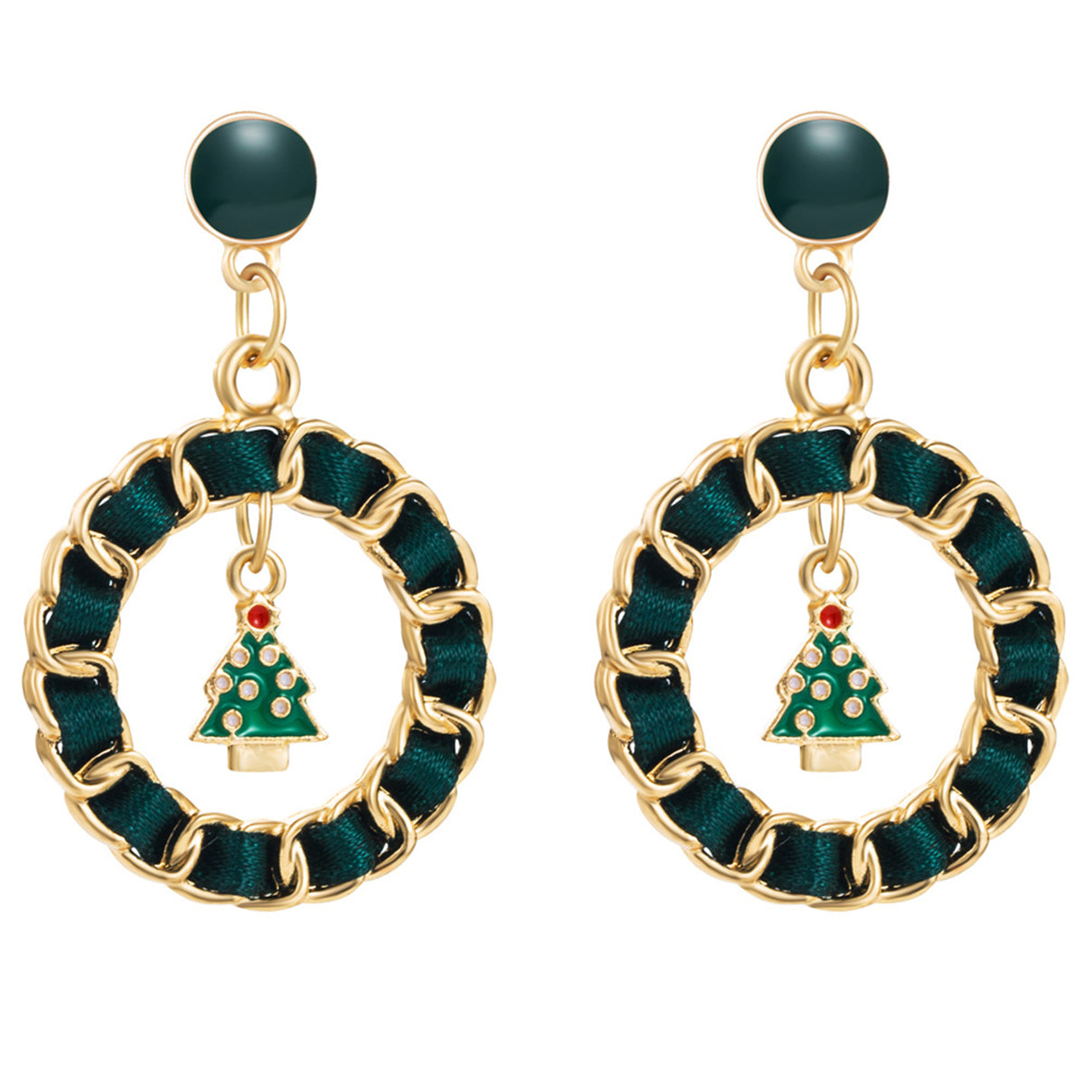 Black Ribbon & Enamel 18K Gold-Plated Christmas Tree Figaro Drop Earrings