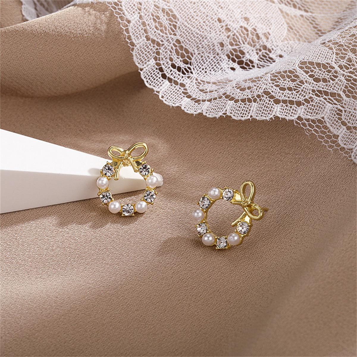 Pearl & Cubic Zirconia Bow Wreath Stud Earrings