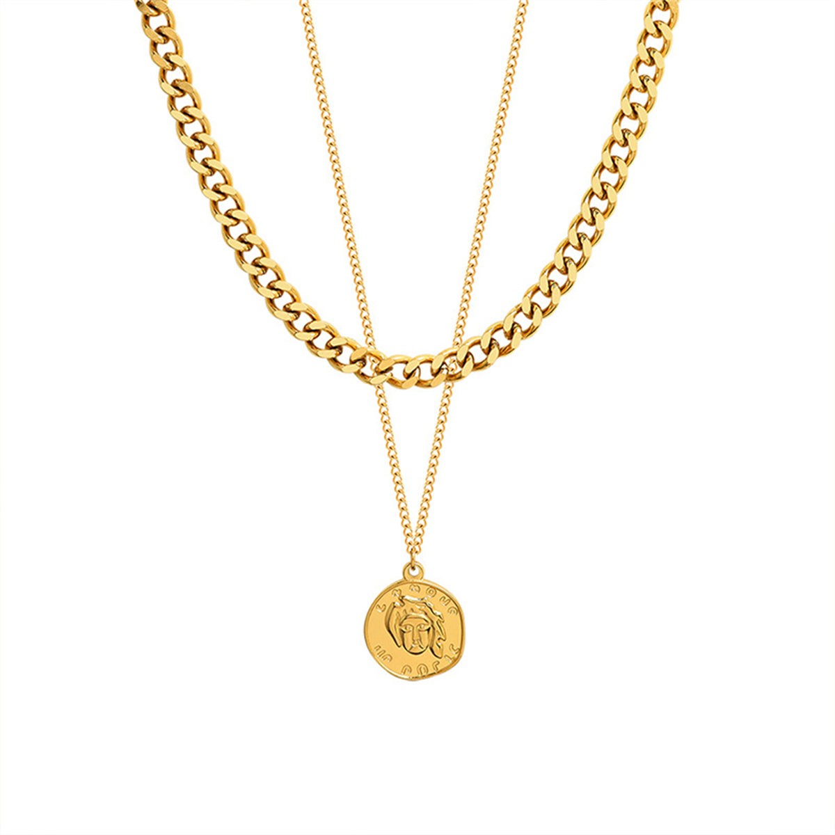 Elegant 18K gold-plated Cuban chain necklace with a layered coin pendant, a must-have accessory for stylish looks.