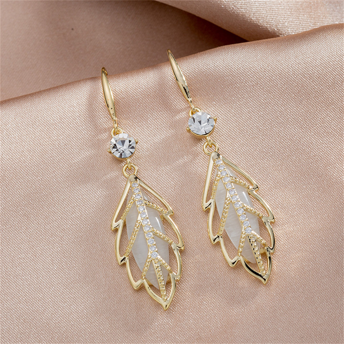 White Cat-Eye & Cubic Zirconia Openwork Pavé Leaf Drop Earrings