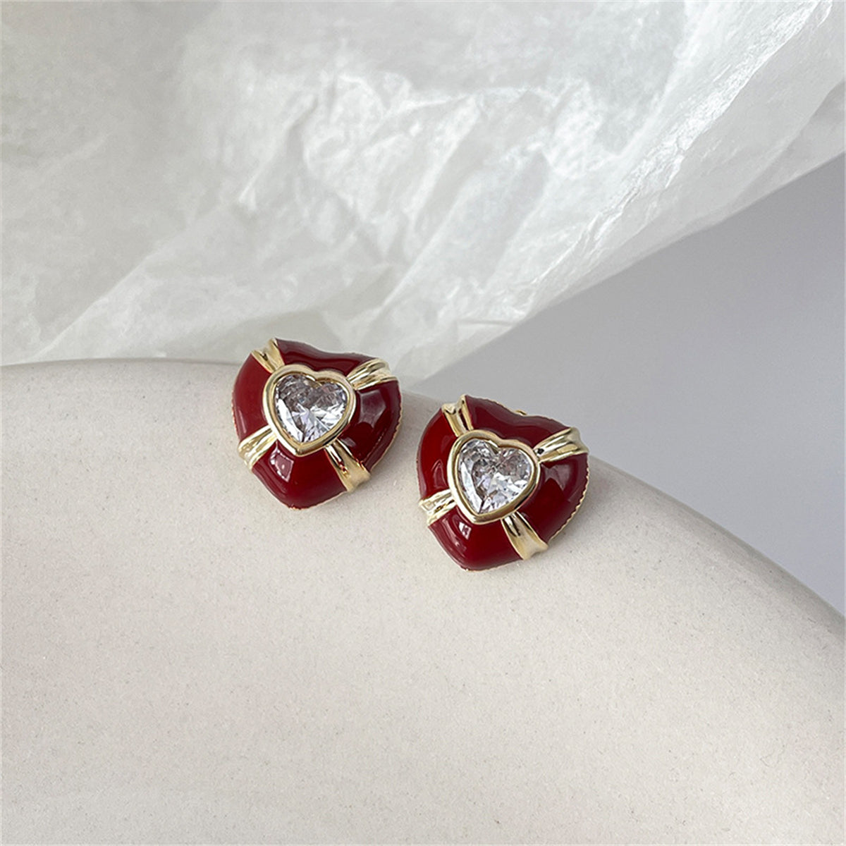 Red Enamel & Crystal Heart Stud Earrings