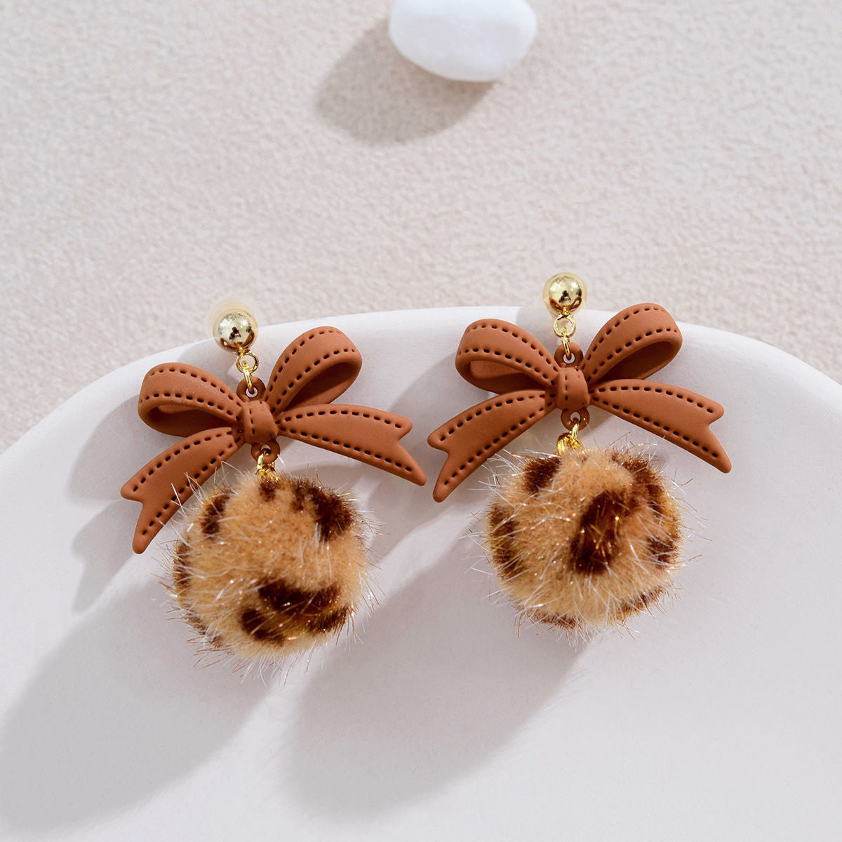 Light Coffee Enamel & Pom-Pom 18K Gold-Plated Leopard Bow Ball Drop Earrings