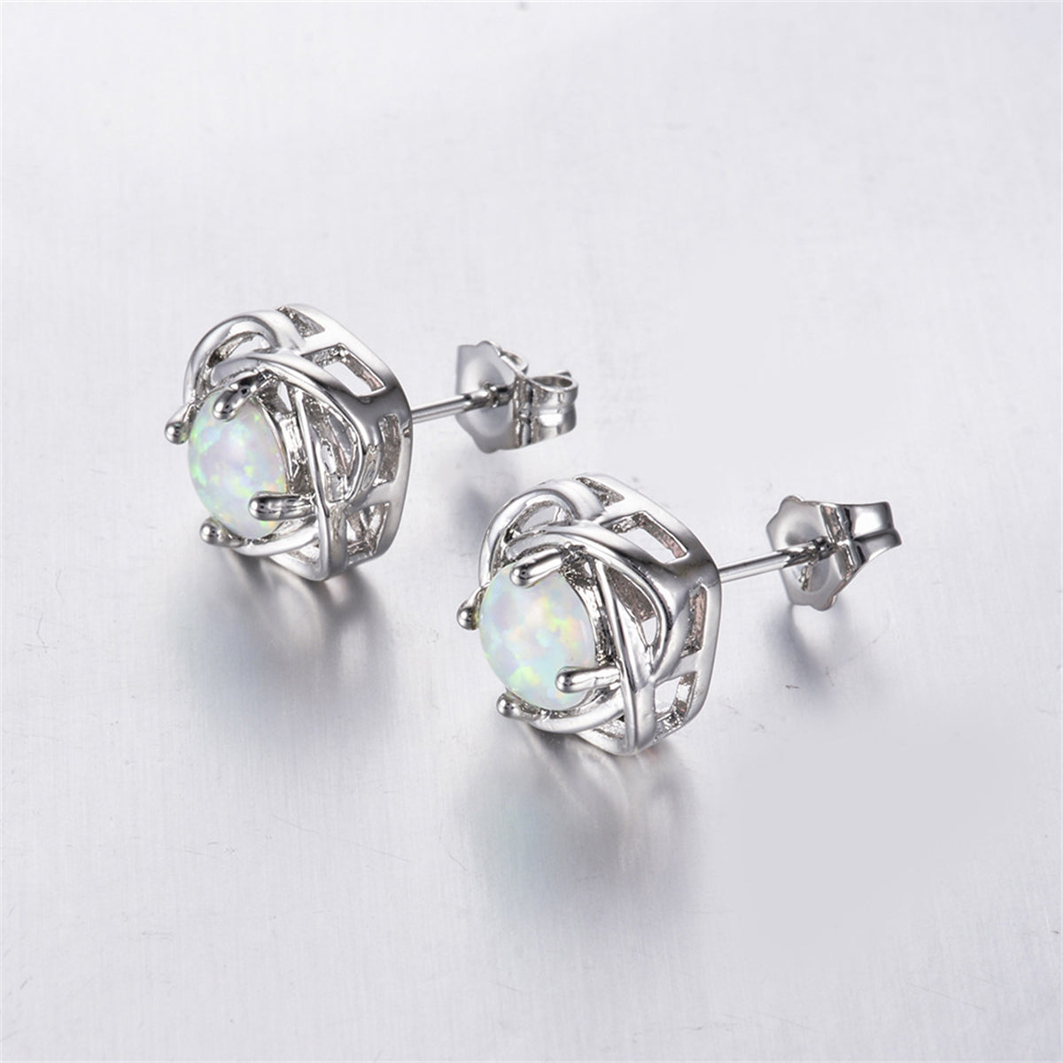 White Opal & Silver-Plated Round Wrapped Stud Earrings