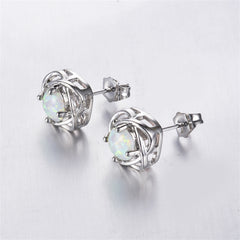 White Opal & Silver-Plated Round Wrapped Stud Earrings