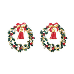 Green & Red Cubic Zirconia Bell Wreath Stud Earrings