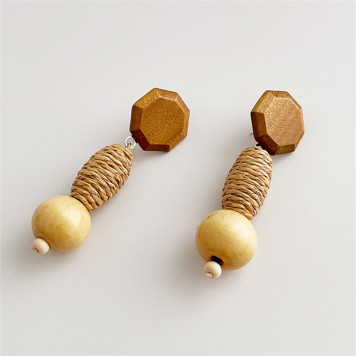 Wood & Rattan Geometric Tiered Drop Earrings