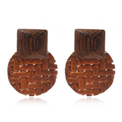 Coffee Rattan & Wood Round Drop Earrings