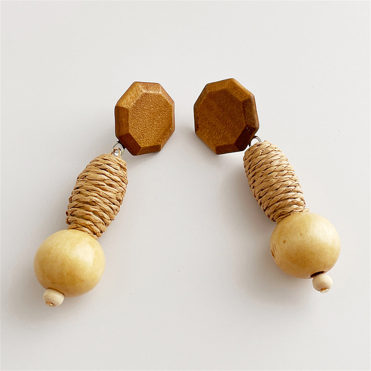 Wood & Rattan Geometric Tiered Drop Earrings