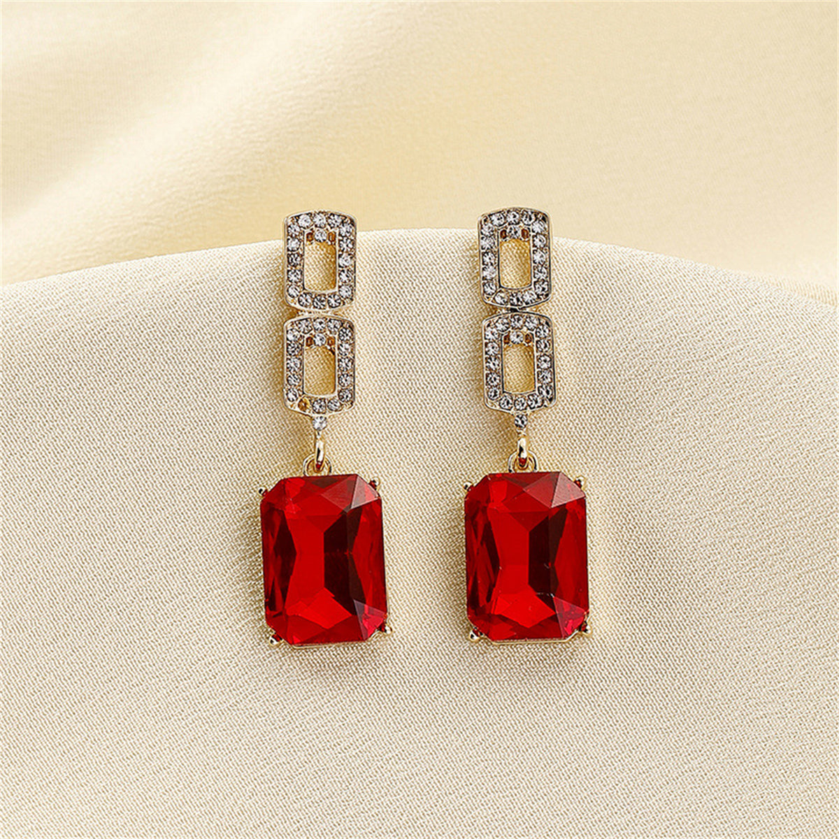 Cubic Zirconia & Red Crystal 18K Gold-Plated Square Drop Earrings