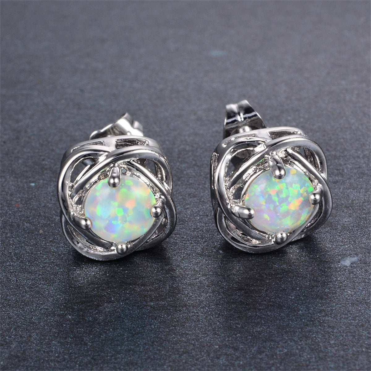 White Opal & Silver-Plated Round Wrapped Stud Earrings