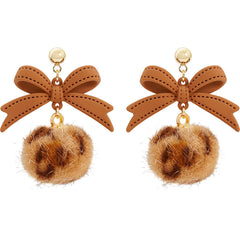 Light Coffee Enamel & Pom-Pom 18K Gold-Plated Leopard Bow Ball Drop Earrings