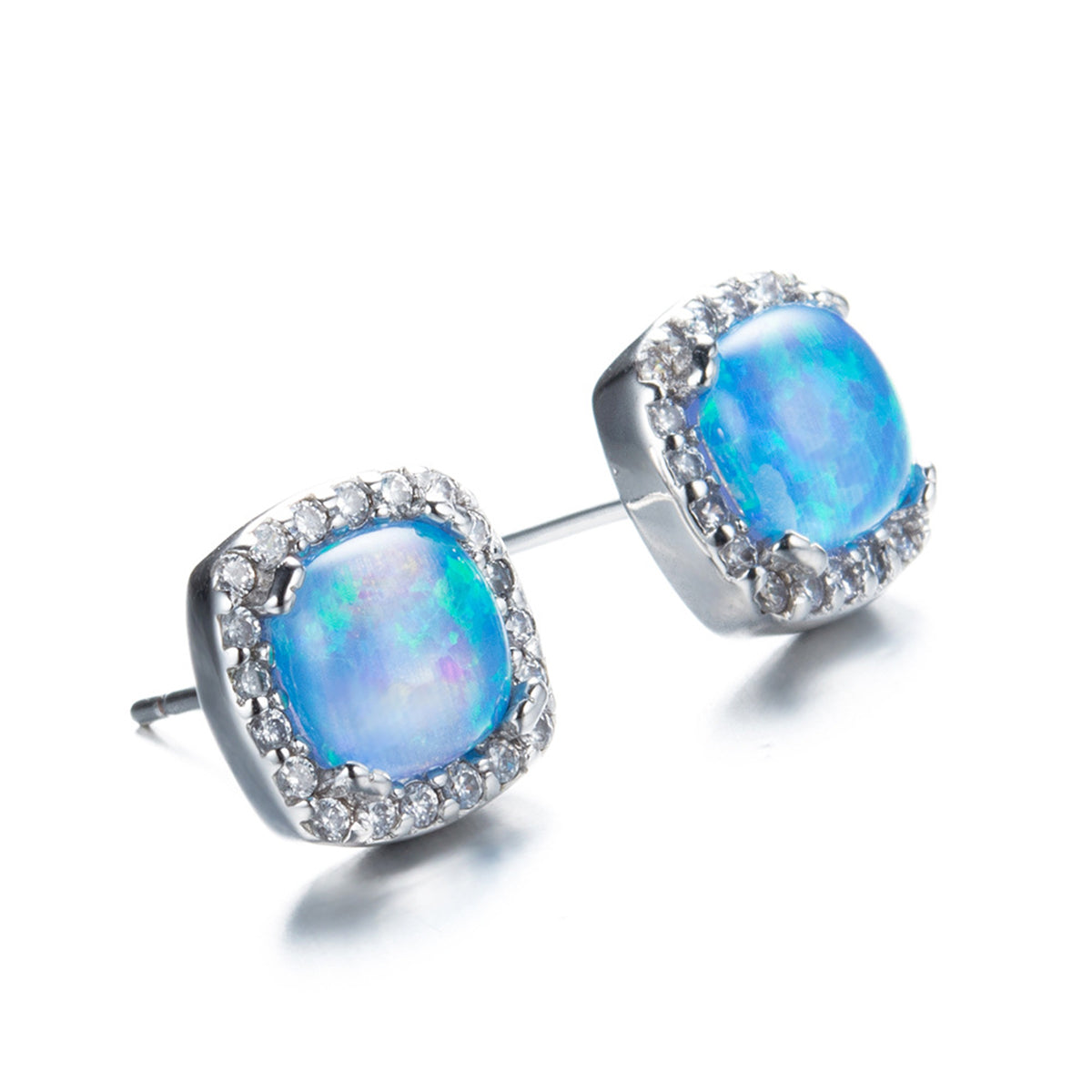 Blue Opal & Cubic Zirconia Square Halo Stud Earrings