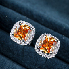 Champagne Princess Crystal & Cubic Zirconia Silver-Plated Halo Stud Earrings