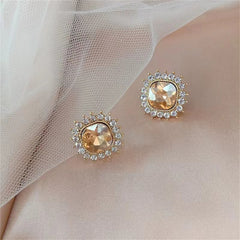 Champagne Crystal & 18K Gold-Plated Square Halo Stud Earrings