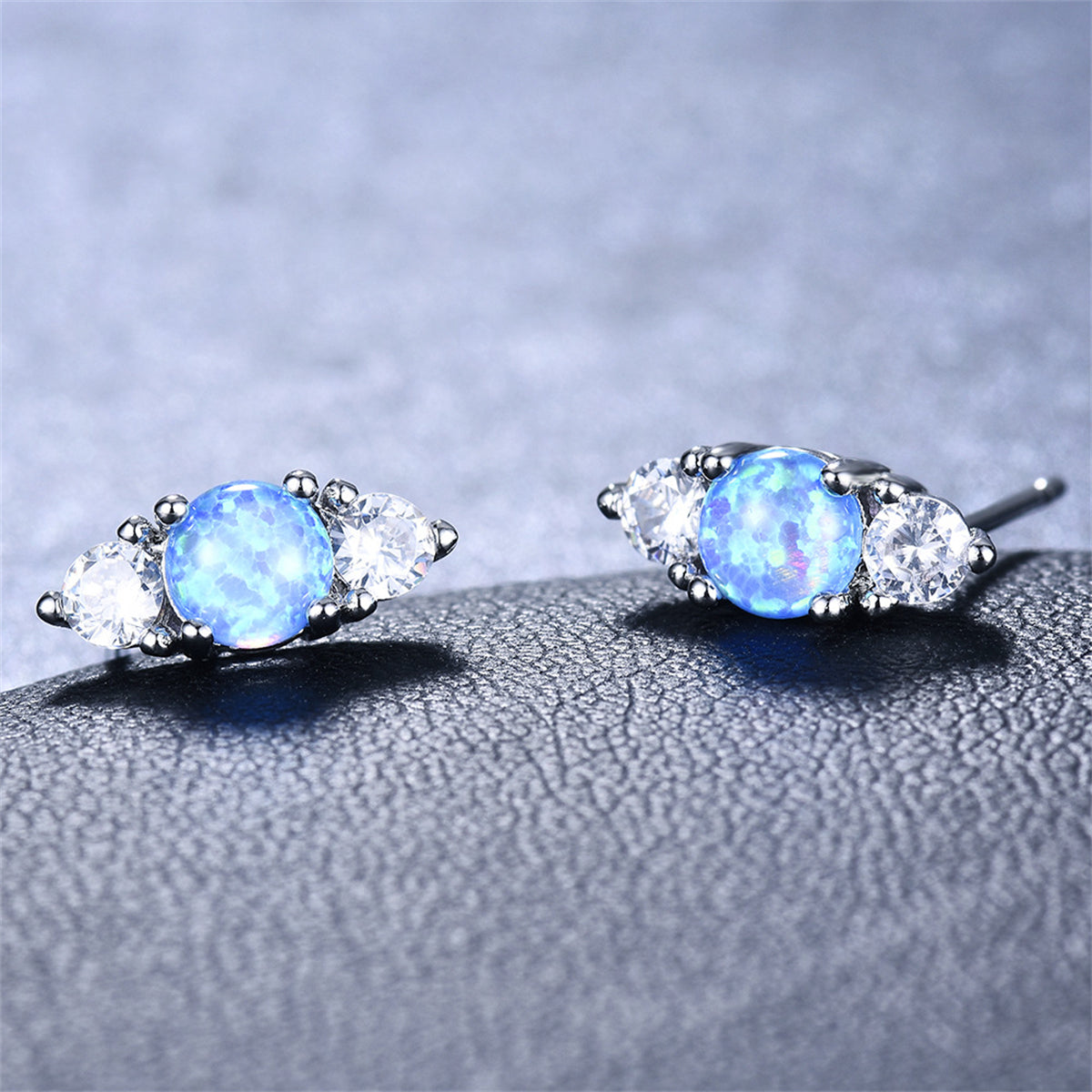 Blue Opal & Cubic Zirconia Silver-Plated Stacked Round-Cut Stud Earrings