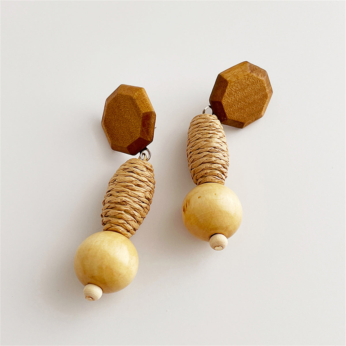 Wood & Rattan Geometric Tiered Drop Earrings