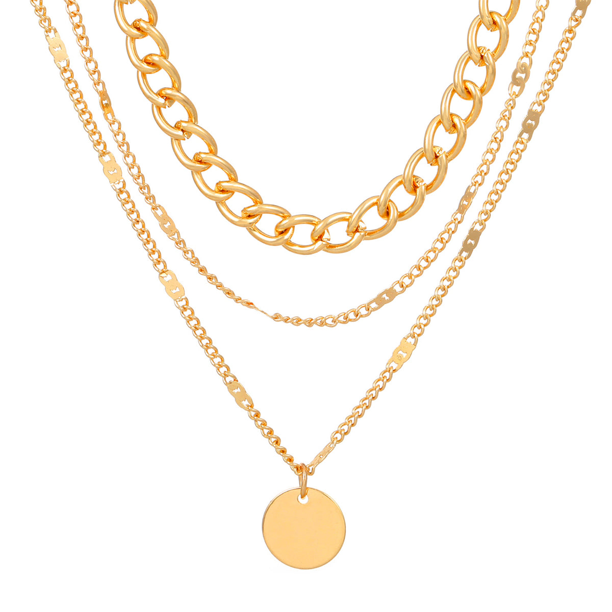 18K gold-plated layered necklace with three chains and a disc charm, perfect for adding elegance to any outfit.