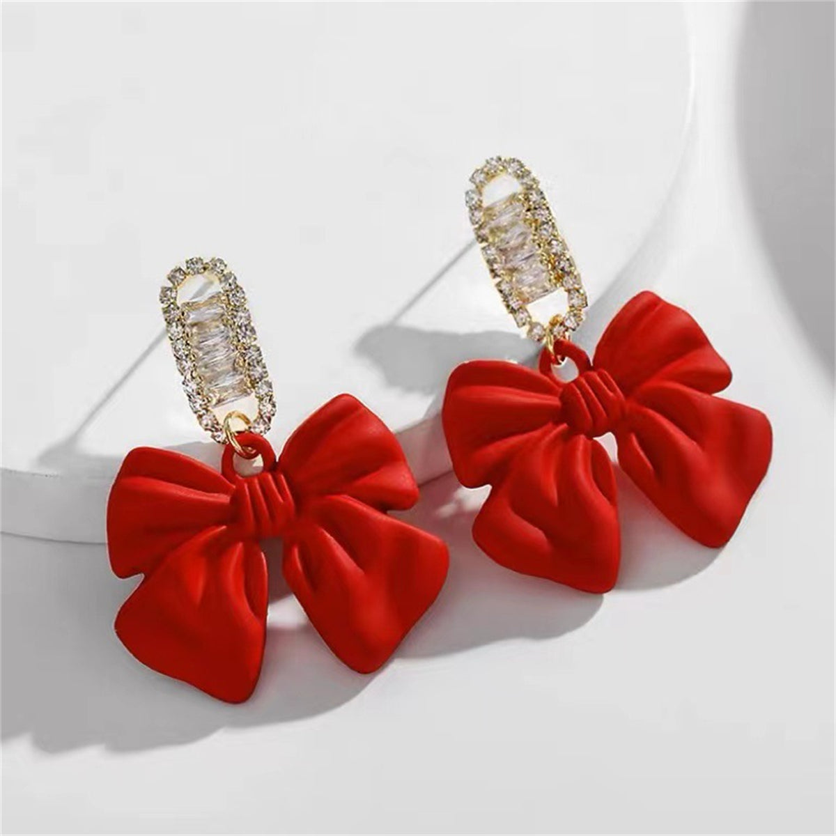 Red Acrylic & Cubic Zirconia Bow Baguette-Cut Drop Earrings