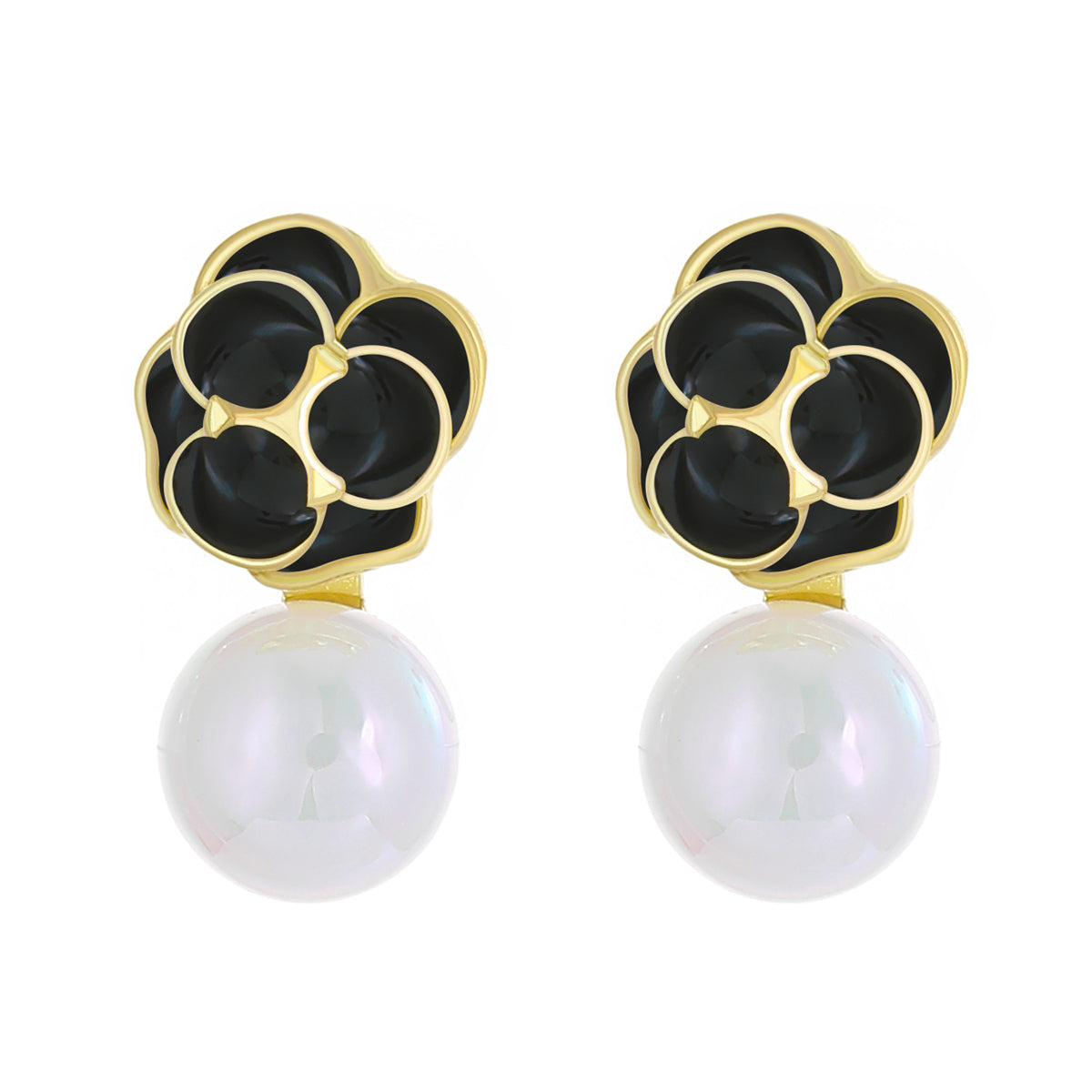 White Pearl & Black Enamel 18K Gold-Plated Flower Drop Earrings