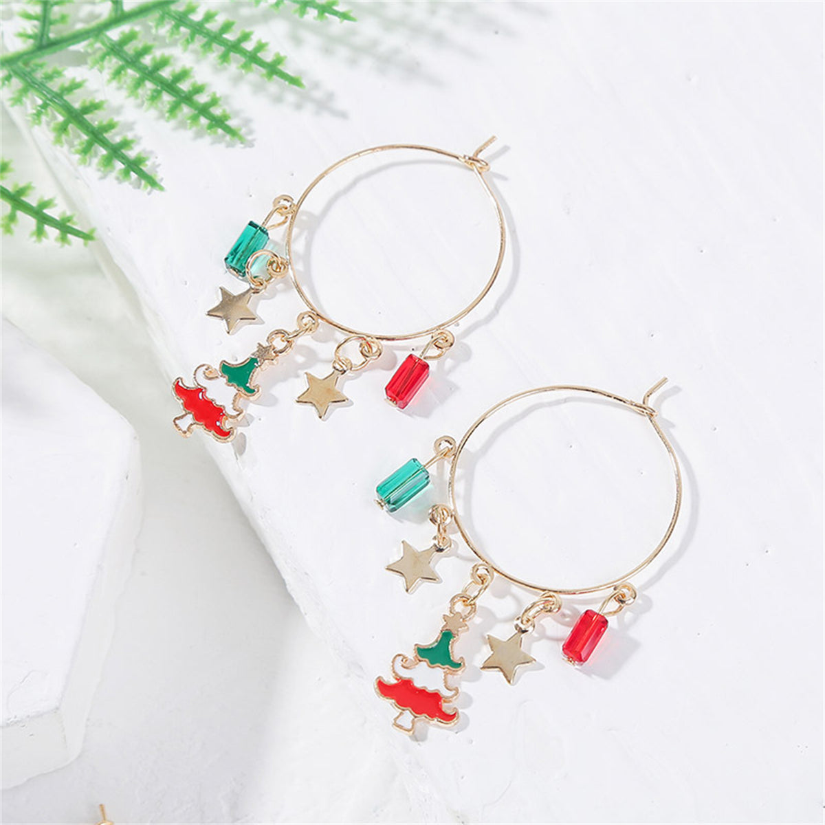 Red Enamel & 18K Gold-Plated Star & Tree Hoop Earrings