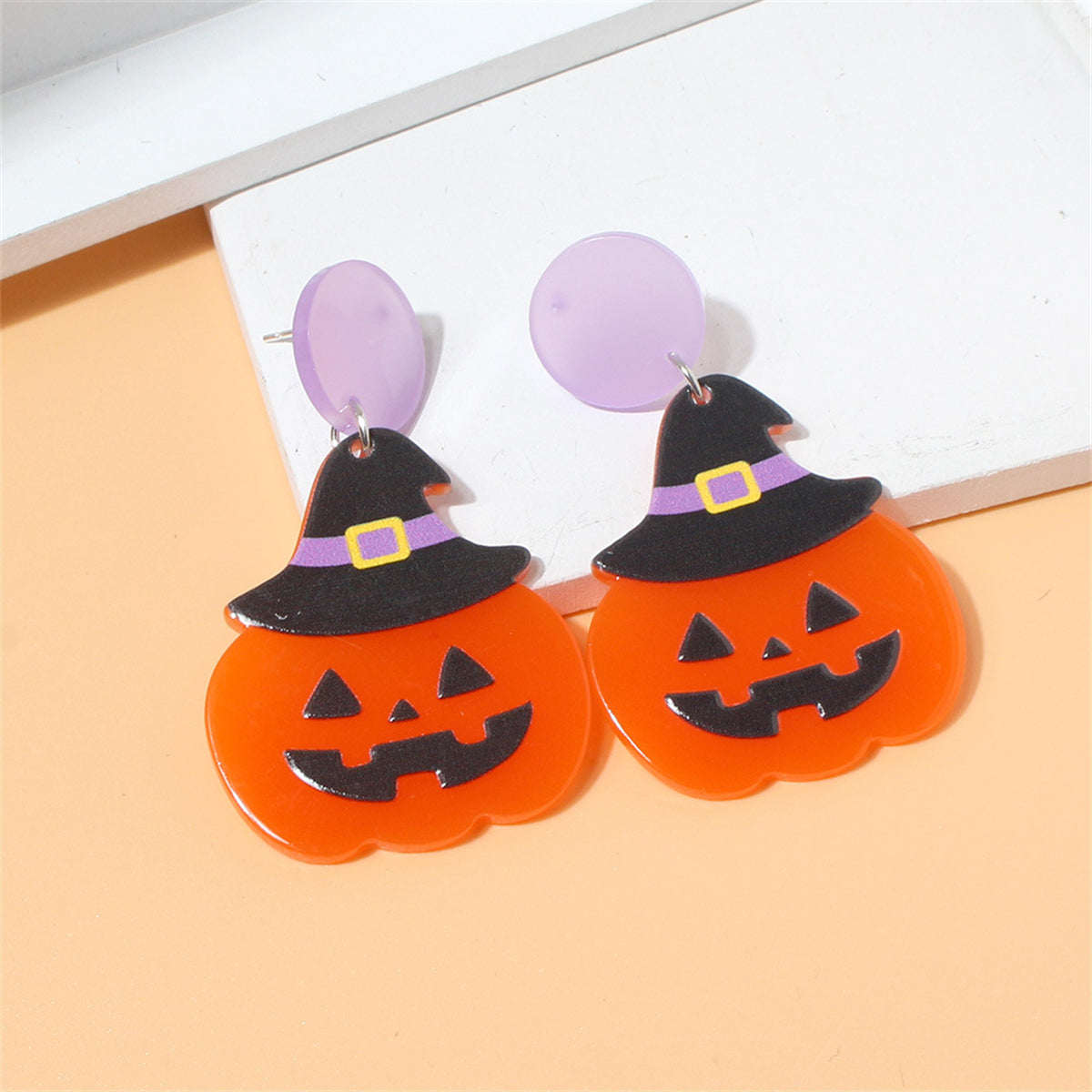 Orange Witch Hat Jack-O'-Lantern Drop Earrings