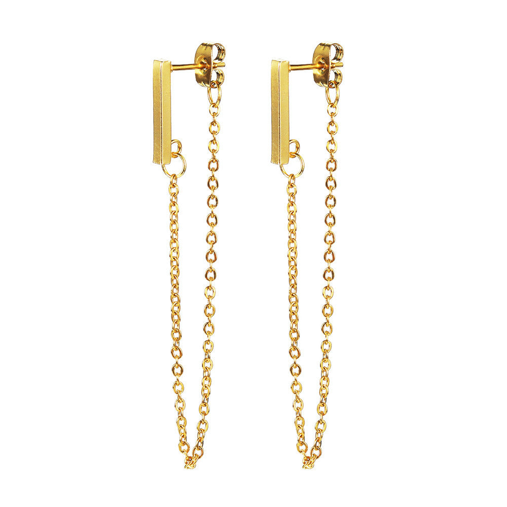 Elegant 18K gold-plated chain drop earrings featuring a stylish chain attachment for a chic look.