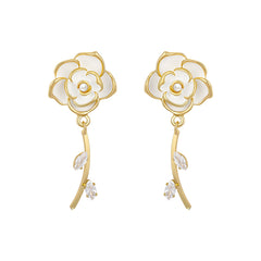 White Enamel & Cubic Zirconia 18K Gold-Plated Floral Drop Earrings