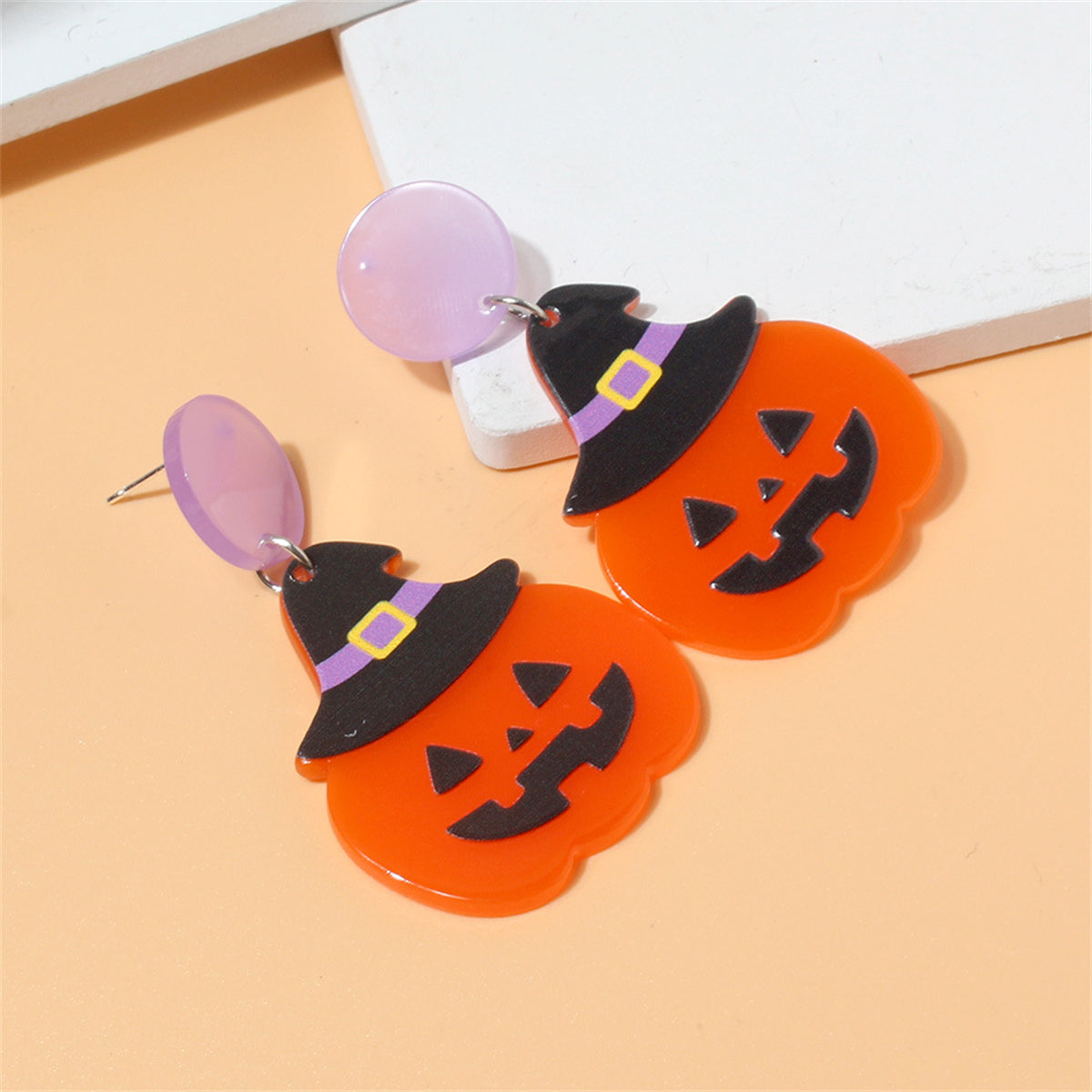 Orange Witch Hat Jack-O'-Lantern Drop Earrings