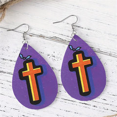 Purple & Orange Cross & Bat Teardrop Drop Earrings