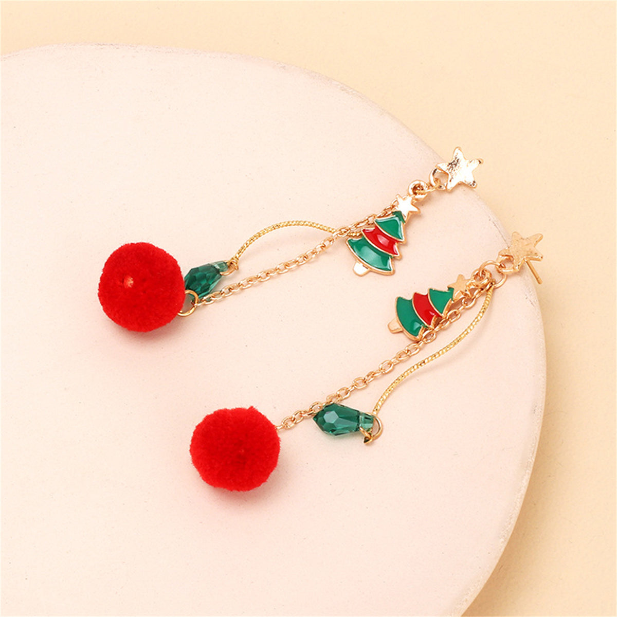 Crystal & Enamel 18K Gold-Plated Star & Tree Pom-Pom Drop Earrings